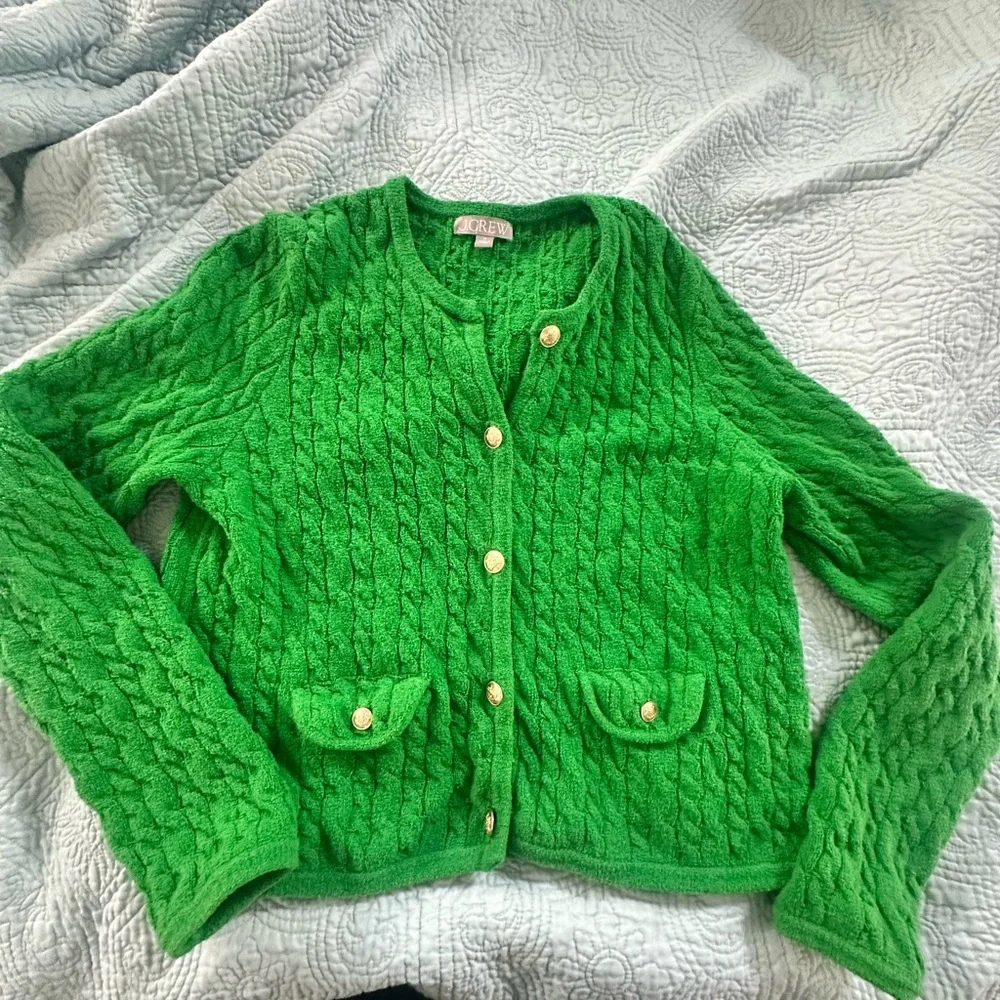 J. Crew Vibrant Green Cardigan Sweater. Cable knit cardigan jacket style sweater - Picture 2 of 10